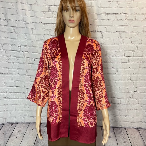 New Susan Graver Red Printed Woven Open-Front Cardigan Size S - Picture 4 of 13